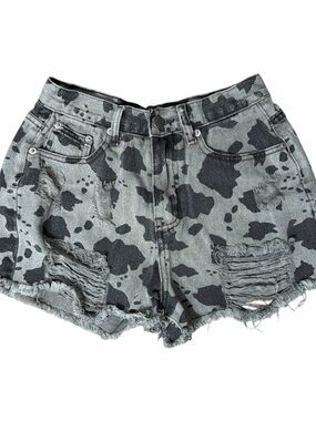 POL Cowprint Distressed Denim Shorts - Gray/Black